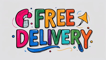 Free delivery colorful hand drawn lettering art design on plain white background