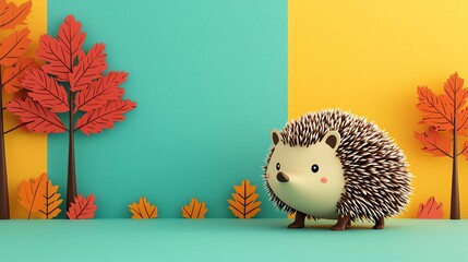 Cute cartoon hedgehog flat design side view autumn forest theme 3D render split-complementary color scheme