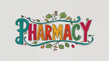 Pharmacy colorful hand drawn lettering art design on plain white background