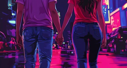 Close-up of two young lovers holding hands and walking on the street at night, in a flat design style; vector illustration