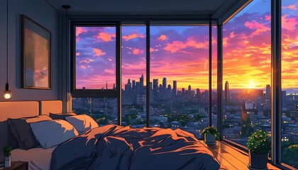 Wall Mural - Charming urban bedroom with breathtaking city skyline view under a dramatic sunset, combining comfort with a vibrant lofi anime aesthetic