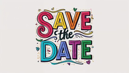 save the date colorful hand drawn lettering art design on plain white background