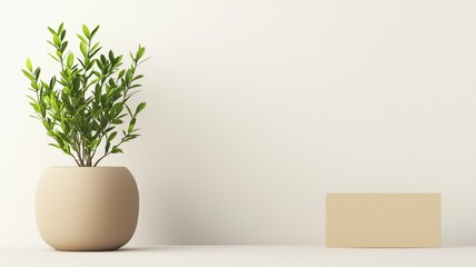 A modern plant in a beige pot against a minimalistic white background, ideal for home decor inspiration.