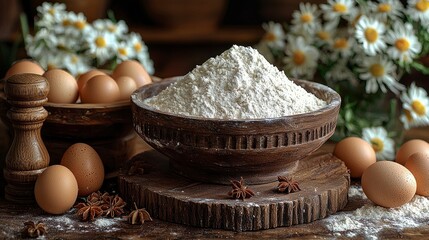 Rustic Baking Ingredients - Flour, Eggs, and Star Anise