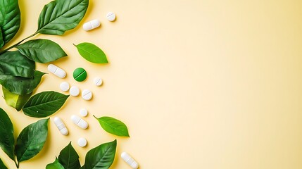 Green Leaves and Pills on a Yellow Background