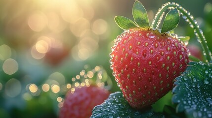 Wall Mural - Close-up of a ripe strawberry with dew drops, bathed in soft sunlight.