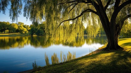  A serene lakeside view with a large willow drooping branches hanging over the water, its reflection creating a mirror-like effect in the still lake.
