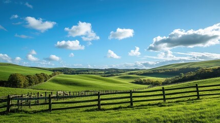 A tranquil view of rolling green hills in the countryside, dotted with grazing sheep and rustic fences, with a bright blue sky and a few fluffy clouds.