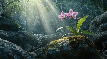 a wild orchid blooming in its natural habitat, nestled between mossy rocks in a dense forest, with s