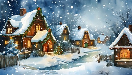 Wall Mural - Charming Winter Village Bathed in Gentle Snowfall and Festive Holiday Decorations