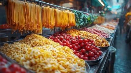 Wall Mural - Fresh Pasta Hanging in Italian Market