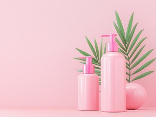 Poster - Pink Lotion Bottles with Green Leaves on Pink Background.