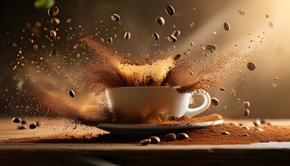 Dynamic coffee powder explosion creating an eye-catching advertisement backdrop