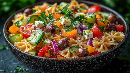 Delicious Farfalle Pasta Salad with Fresh Vegetables and Feta Cheese