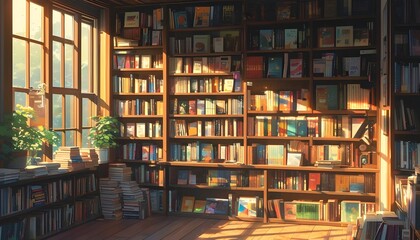 Cozy reading nook bathed in warm sunlight, showcasing an inviting array of books in a charming anime-style bookshop interior