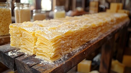 Freshly Made Pasta Sheets on Wooden Shelf