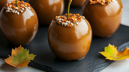 Festive display of caramel apples with Thanksgiving decorations, illustration