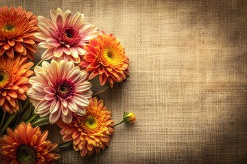 Poster - Orange and pink gerbera daisies on rustic burlap background