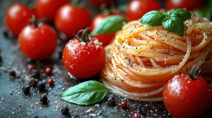 Wall Mural - Close-up of Spaghetti with Tomatoes and Basil