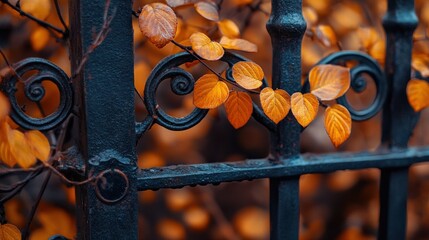 Close-up of autumn leaves clinging to a black wrought iron fence with raindrops.