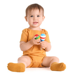 Poster - Cute baby with maracas on white background