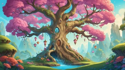 Wall Mural - Beautifully Decorated Fairy Tree Cartoon Background Design