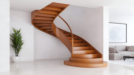 Modern floating staircase with wooden steps and an open design in a contemporary living room