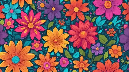 Canvas Print - Brightly Colored Flowers in Full Bloom Cartoon Background Design