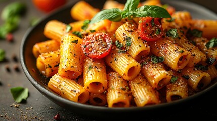 Wall Mural - Close-up of Rigatoni Pasta with Tomato Sauce and Basil