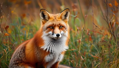 Autumn portrait of a red fox resting gracefully on vibrant grass