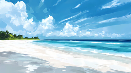 blue sky and white sand beach. beautiful sea with calm waves. maldives. deserted island. illustratio