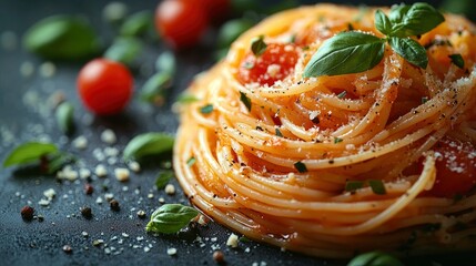 Wall Mural - Delicious Spaghetti with Tomato Sauce and Basil