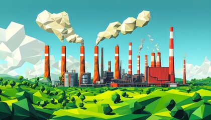 Vibrant stylized factories with smokestacks amidst a contrasting low-poly green landscape in a striking illustration