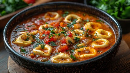 Wall Mural - Delicious Tortellini Soup with Tomato Sauce and Parsley