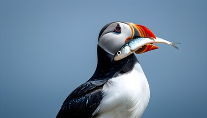 atlantic puffin proudly displaying a fish in its beak under a vibrant blue sky