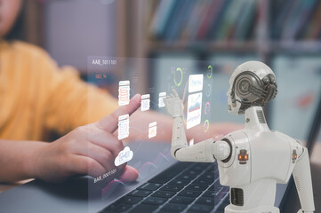 learning concept children using computer in classroom working with robot analysing or creating progr
