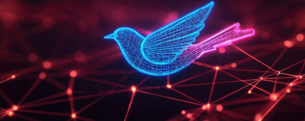 Sticker - A vibrant digital bird glows in neon blue and pink against a network of interconnected nodes, symbolizing technology and freedom in a modern landscape.