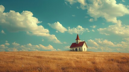 Retro-style Small Church in Field - Vintage Photo