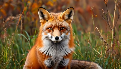 Autumn portrait of a red fox resting gracefully on vibrant grass