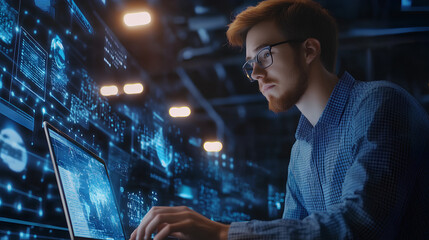 Wall Mural - technical support customer service concept, software engineer using laptop computer with customer su