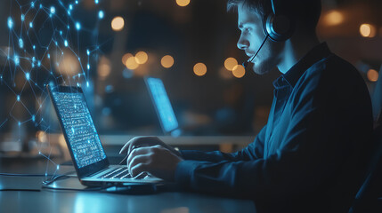 Wall Mural - technical support customer service concept, software engineer using laptop computer with customer su