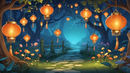 Wall Mural - Charming Fairy Lanterns Cartoon Background Design