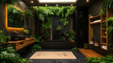 luxury bathroom interior design with bathtub, Modern, Elegance, Stylish Mid-Century Bathroom Design with Dark Aesthetic, architecture design, real estate housing project design