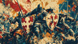 © Thiago - Christian knights and spiritual warfare, embodying faith as a shield, on a medieval tapestry background. Medieval Joust. Illustration
