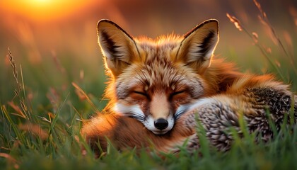 Serene red fox resting on lush grass under a warm sunset glow