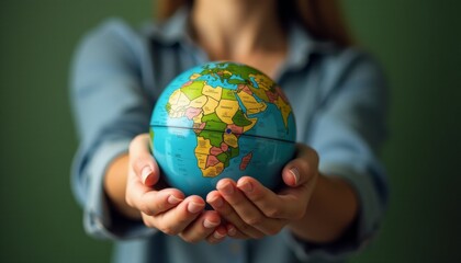 A woman is holding a globe in her hands