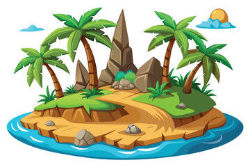 Tropical island with palm trees, sand and water isolated on white background. Cartoon uninhabited island surrounded by water. Vector illustration in flat style
