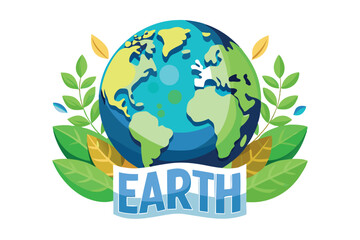 Planet and plant leaves Earth day isolated icon vector ecology and environment globe protection and saving air and water pollution fighting reducing reusing and recycling planting trees emblem or logo