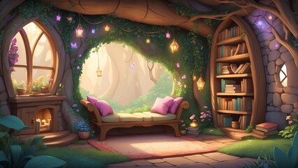 Wall Mural - Cozy Fairy Reading Nook Cartoon Background Design