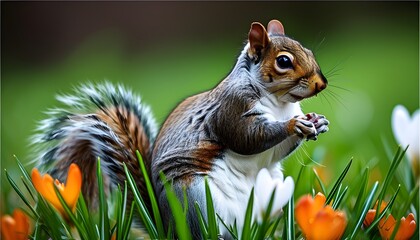 Wall Mural - Eastern grey squirrel poised in green grass surrounded by blooming crocus flowers